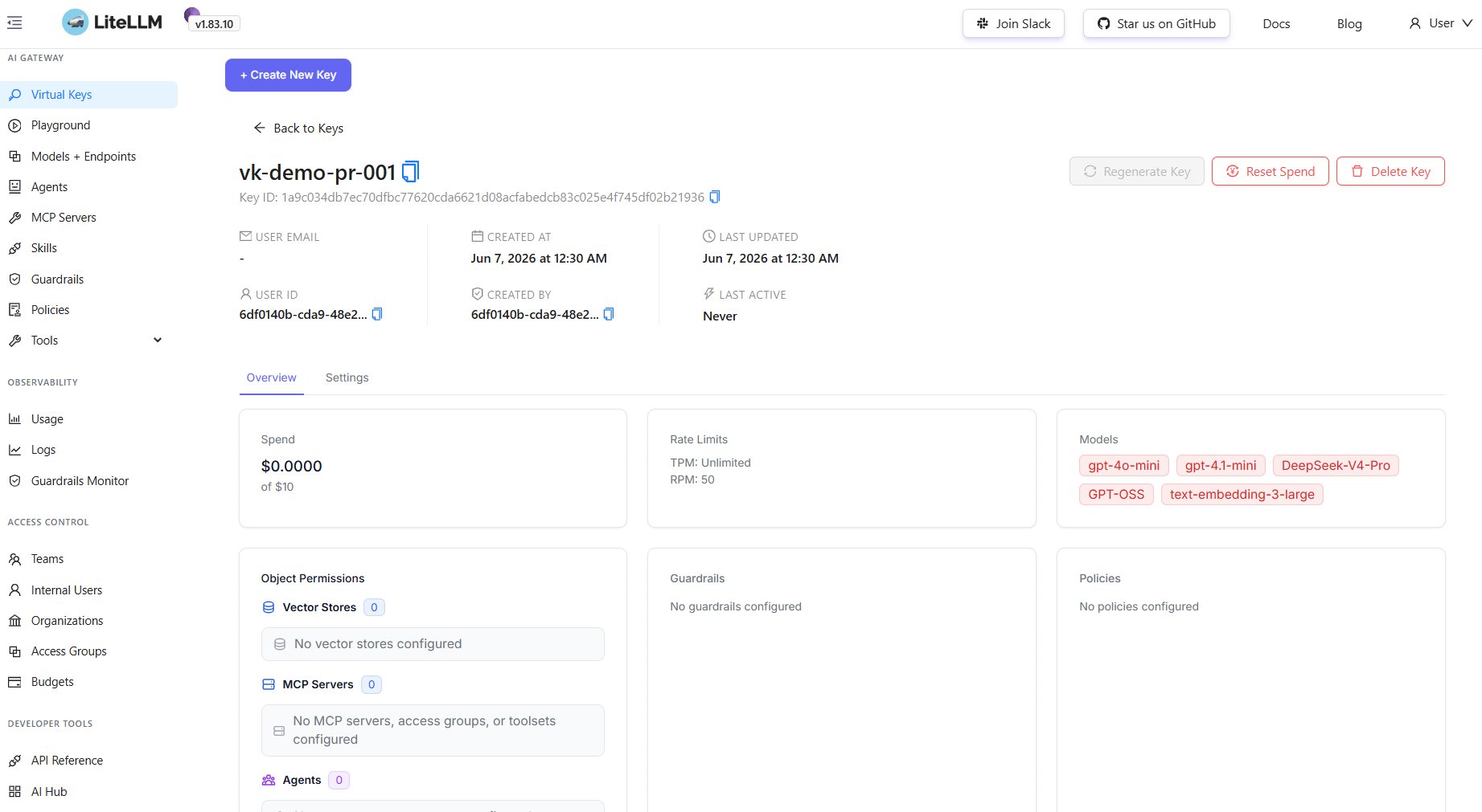 A virtual key in the LiteLLM admin UI, showing its spend against budget, rate limits, and the list of allowed models